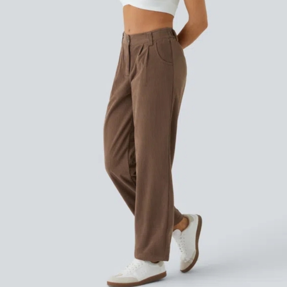 Halara Mid Rise Zipper Pocket Corduroy Wide Leg Casual Pant Brown Size XL